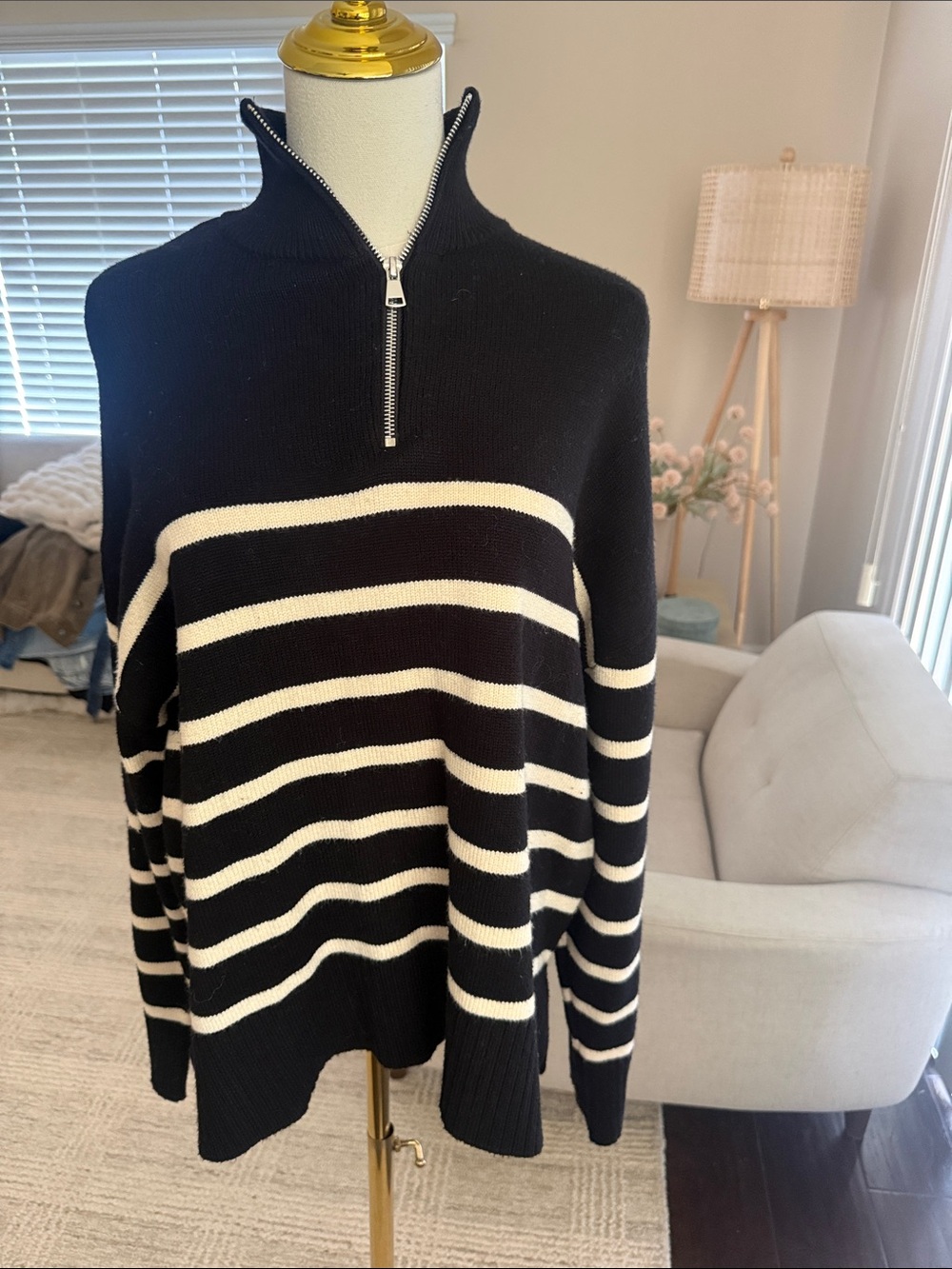 Zara Black and Cream Striped Half-Zip Turtleneck Sweater